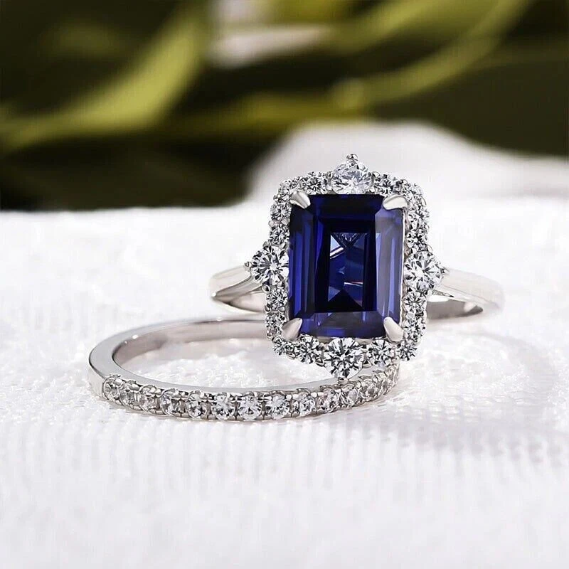 3CT Emerald Cut Blue Sapphire Unique Halo Bridal Ring Set 14K White Gold Plated - Image 3 of 4