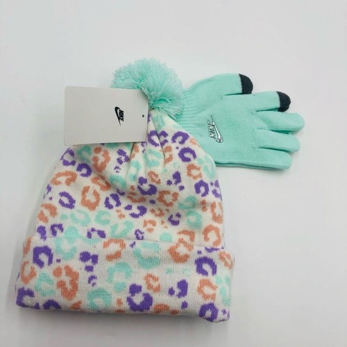 Brand New Girls' Toddler Nike Leopard Print Beanie and Mittens Set Multicolored - Picture 5 of 6