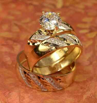 14K Yellow Gold Over 2Ct LabCreated Diamond His & Her Wedding Band Trio Ring Set