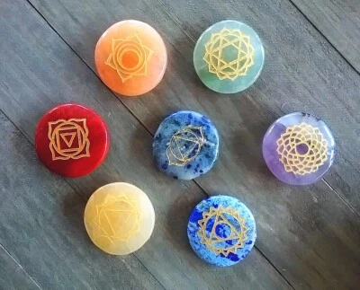 7 PIECE CHAKRA SET With GOLD ENGRAVED CHAKRA SYMBOLS, ROUND CHAKRA CRYSTAL SET