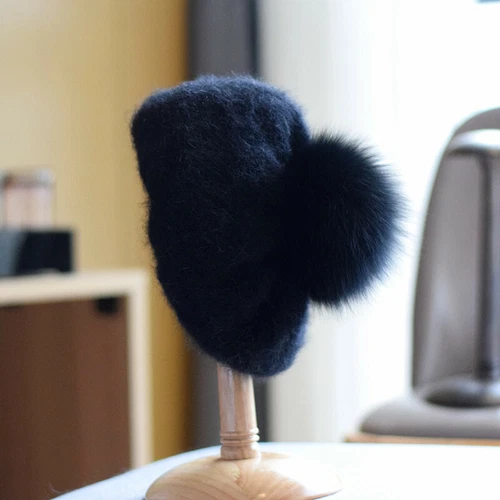 New Women Knitted Hat Real Fox Fur Pom Pom Beret Rabbit Fur Warm Cute Cap Winter - Picture 14 of 18