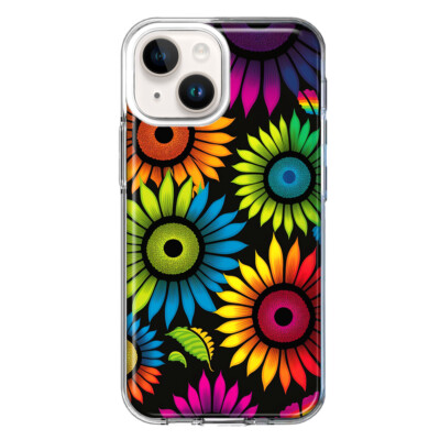 For Apple iPhone 14 Plus Shockproof Hybrid Case , Neon Rainbow Glow Sunflowers