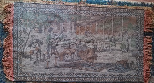 VINTAGE ANTIQUE TAPESTRY WALL HANGING ITALY DANCNG WOMAN MUSICIANS ROMANTIC is - Picture 7 of 10