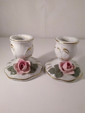 Vintage Pair Of Dresden Pink Rose Candle Stick Holders Gold Trim