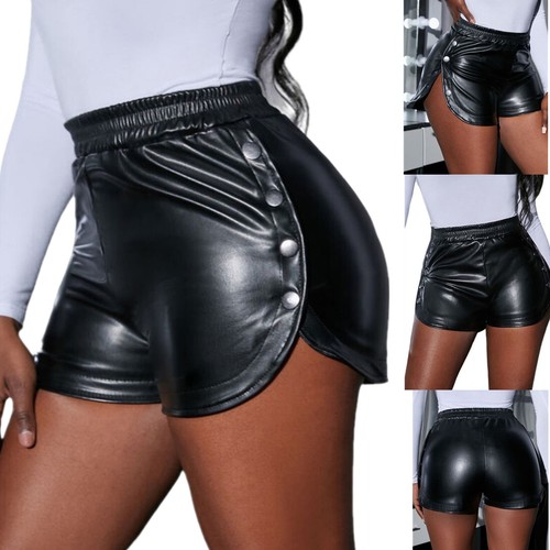 Women Sexy PU Leather Shorts Casual High Waist Wet Look Black Hot Pants Clubwear - Picture 1 of 10