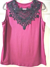 Women's Black Lace Contrast on Solid Burgundy Sleeveless 100% Poly Tank Top