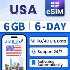 USA eSIM - 6GB High-Speed, 6 Day T-Mobile and Verizon JetSim/Travel SIM