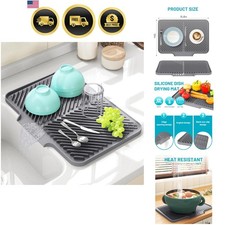 Dish Drying Mat Kitchen Counter - Silicone Dish Drying Pad with Built-in Drai...