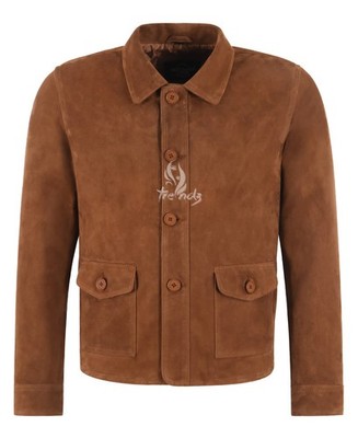 Herren hellbraune Ziegenvelourslederjacke Knopfleiste Utility-Stil mit Box Taschen