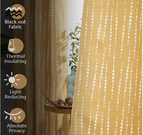 Boho Curtains 63 Inch Length Moon Phases Yellow 2 panels 95% Blackout - Picture 3 of 5