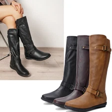 Women Riding Combat Boots Faux Fur Lining Zip Up Military Knee High Boots