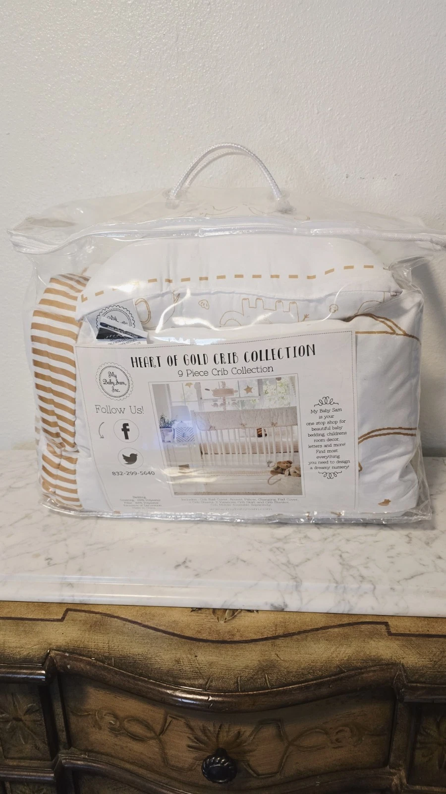 New My Baby Sam, Inc Heart Of Gold Crib Collection White Gold Elephants 9 Pieces
