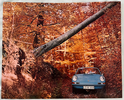 PORSCHE EARLY BLUE 911 COUPE IN A FALL FOREST CALENDAR POSTER PRINT LATE 1960's