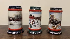 Lot of 3 Vintage Budweiser Holiday Christmas Beer Steins 1990-192 Clydesdales