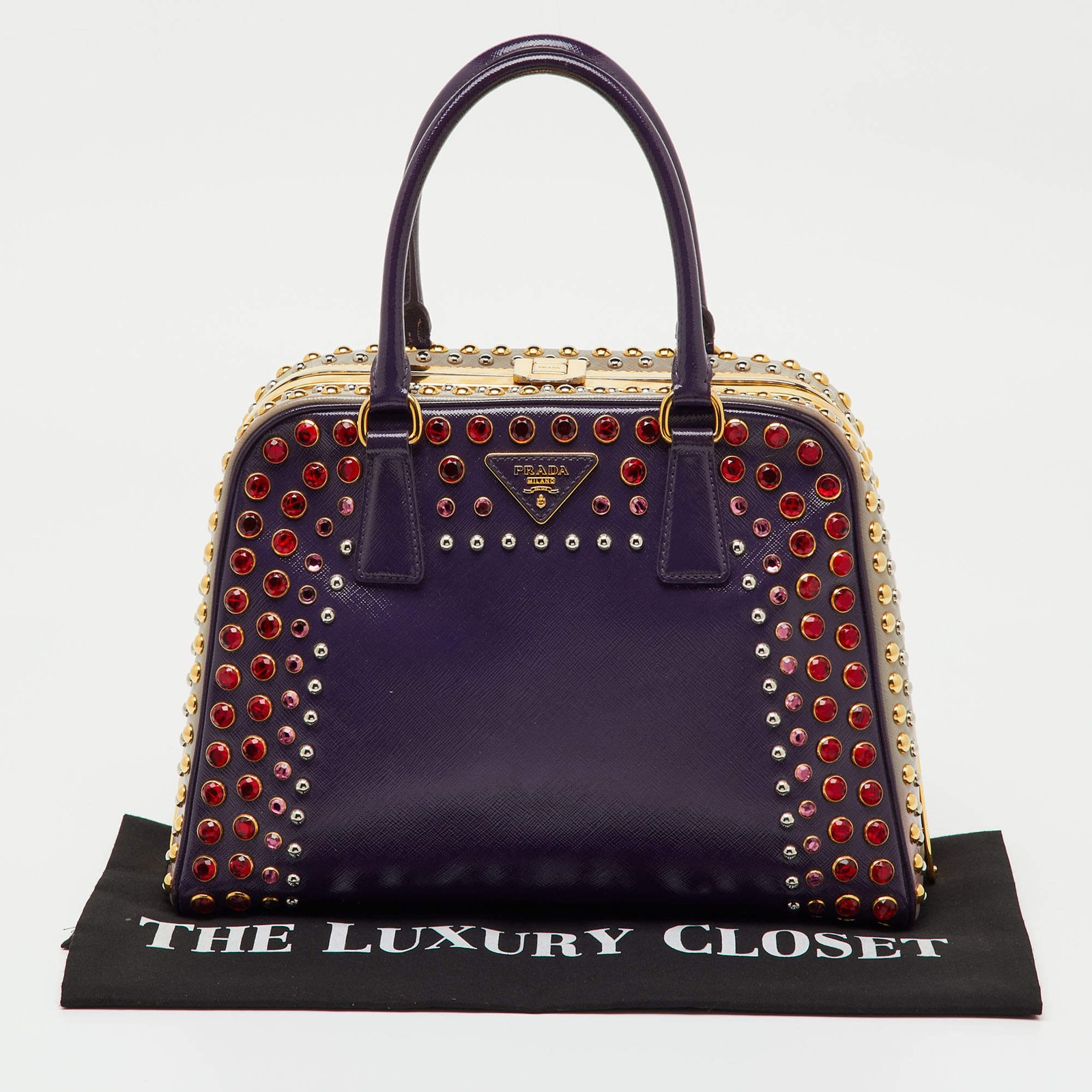 Prada Multicolor Saffiano Patent Leather Crystal Embellished Pyramid Frame thumbnail 13