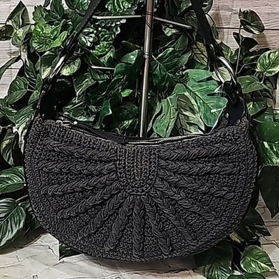 St. John Crochet and Leather Gray/Black Shoulder Bag