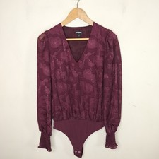 Express Floral Bodysuit Size Small Long Sleeve Thong Burgundy V Neck