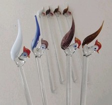 8 Vtg MCM Hand Blown Art Glass Stylized Rooster Chicken Bird Swizzle Sticks 8"