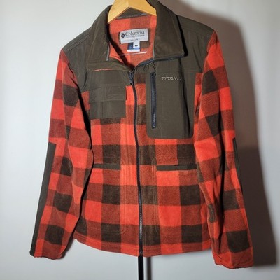 Columbia Jacket Mens Large Red & Brown Buffalo Plaid Titanium Fleece Vintage