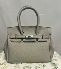 Women s Gray Satchel Top Handle Bag Silver Hardware Turn Lock Inner Pockets