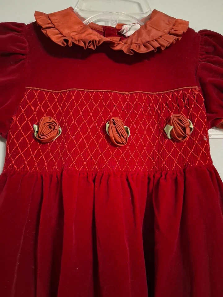 Velvet Burgundy Dress Smocked Roses  Girls Size 6 Vintage  Cottagecore - Image 2 of 4