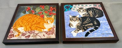Vintage Mimi Vang Olsen Signed Cat Ceramic Tile Trivet Framed Wall Art Pair