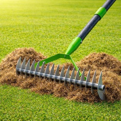 Heavy Duty Thatch Rake, 13'' Dual-Sided, 21 Carbon Steel Tines, 70'' Handle | f...