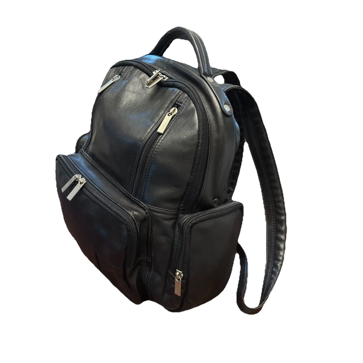 david king multi pocket leather backpack Large Computer Black padded shoulder straps for comfort and a top carry handle for convenience DAVID KING COLOMBIAN LEATHER 22"