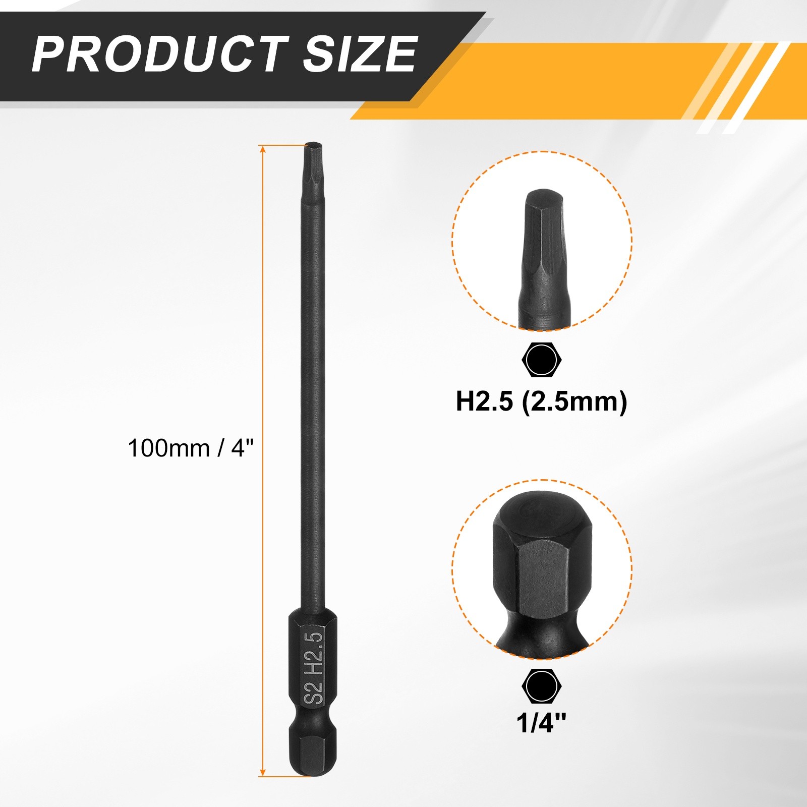Flat Hex Screwdriver Bit H2.5 Magnetic Tip 1/4" Shank 4" Long Black