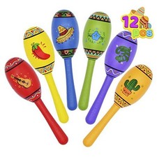 12 Mini Wooden Fiesta Maracas 6 Designs Noisemaker for Mexican Fiesta, Cinco