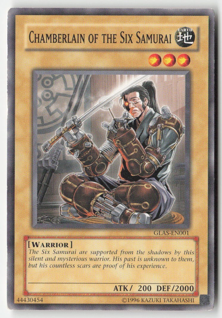 Chamberlain of the Six Samurai GLAS-EN001 YuGiOh Gladiator's Assault trading card — raw and PSA graded price guide