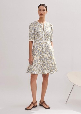 ME+EM Fit and Flare Kleid Baumwolle Jacquard Blumen, weiß/blau/mehrfarbig - Größe 12