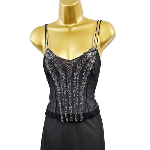UK 10 KAREN MILLEN Vintage Black Silk Beaded Camisole Flare Dress Party Evening - Picture 2 of 11