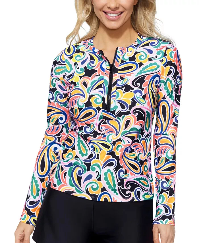 NWT Island Escapes Women's Half-Zip Paisley Print Rashguard Sizes M-XL $60 8B627