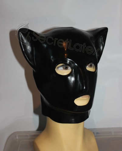 BLACK FLESH FETISH PUSSY LATEX CAT HOOD RUBBER MASK FULL HEAD FEMALE TOY SUIT - Picture 8 of 17