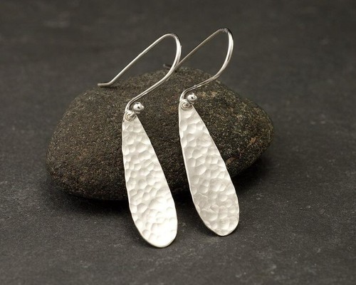 Solid Women Earrings Hammered Long Drop Earrings 925 Sterling Silver Earrings - Picture 3 of 3