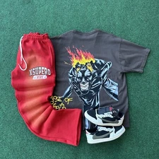 Red Acid-Washed Flare Scholar Sweatpants