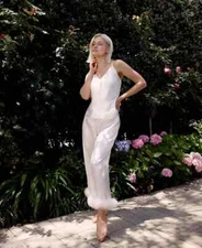 LINEA DONATELLA Sz L Marabou Feather Trim Satin Cami Top & Pants Pajama Set