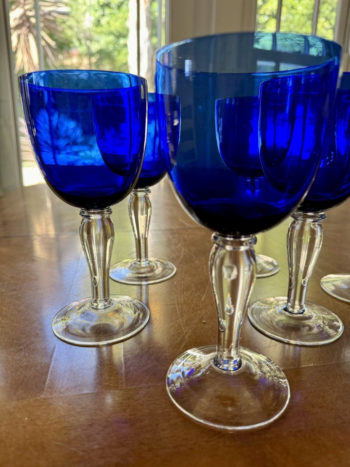 Vtg Set Of 6 Crystal Cobalt Blue W/Clear Round Stems 7 1/2” Wine