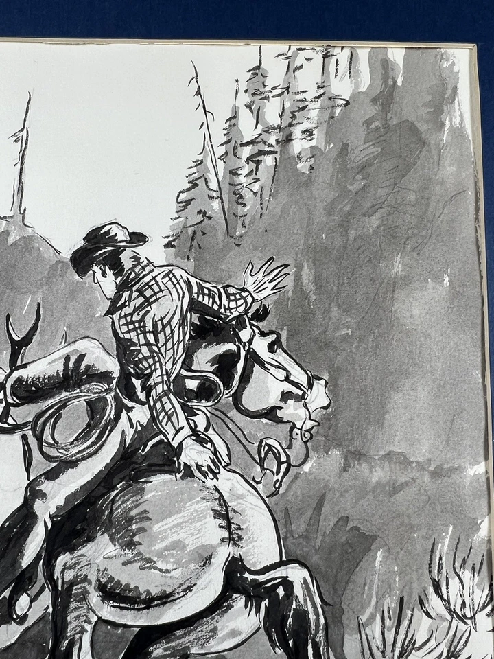 Rusty Phelps Buck Charging Cowboy Watercolor & Ink Painting Deer Signed 1970 - Image 4 of 4
