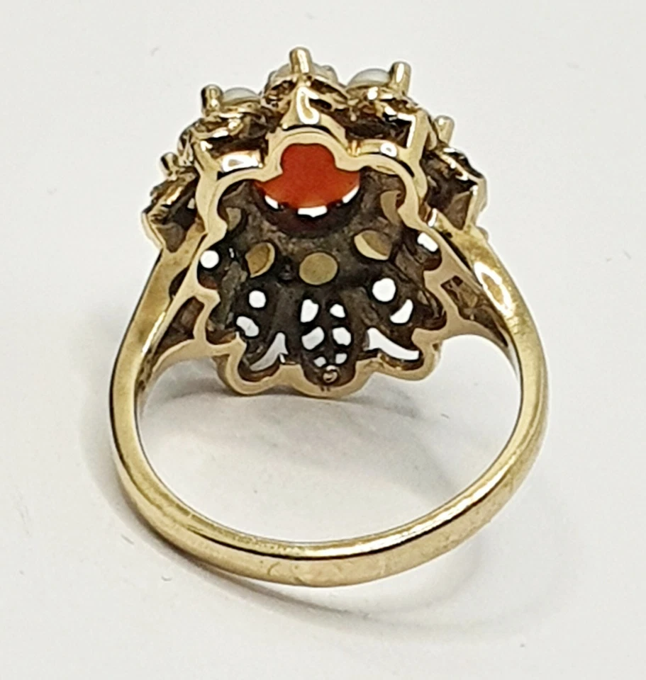 Anillo grande 375 9K con racimo de coral de perlas de oro amarillo de 9 quilates talla N sello completo Foto 4 de 4