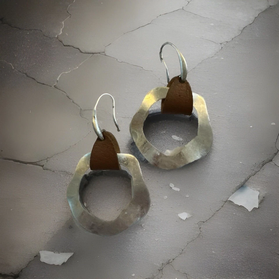 "Pendientes circulares de plata batida cuero PU galvanizado 925 gota/colgantes 2,5""" Foto 2 de 4