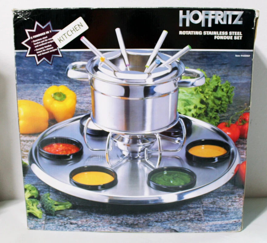 Rotating Hoffritz Deluxe 18/10 Stainless Steel Fondue Set w/6 Forks #402067 NEW