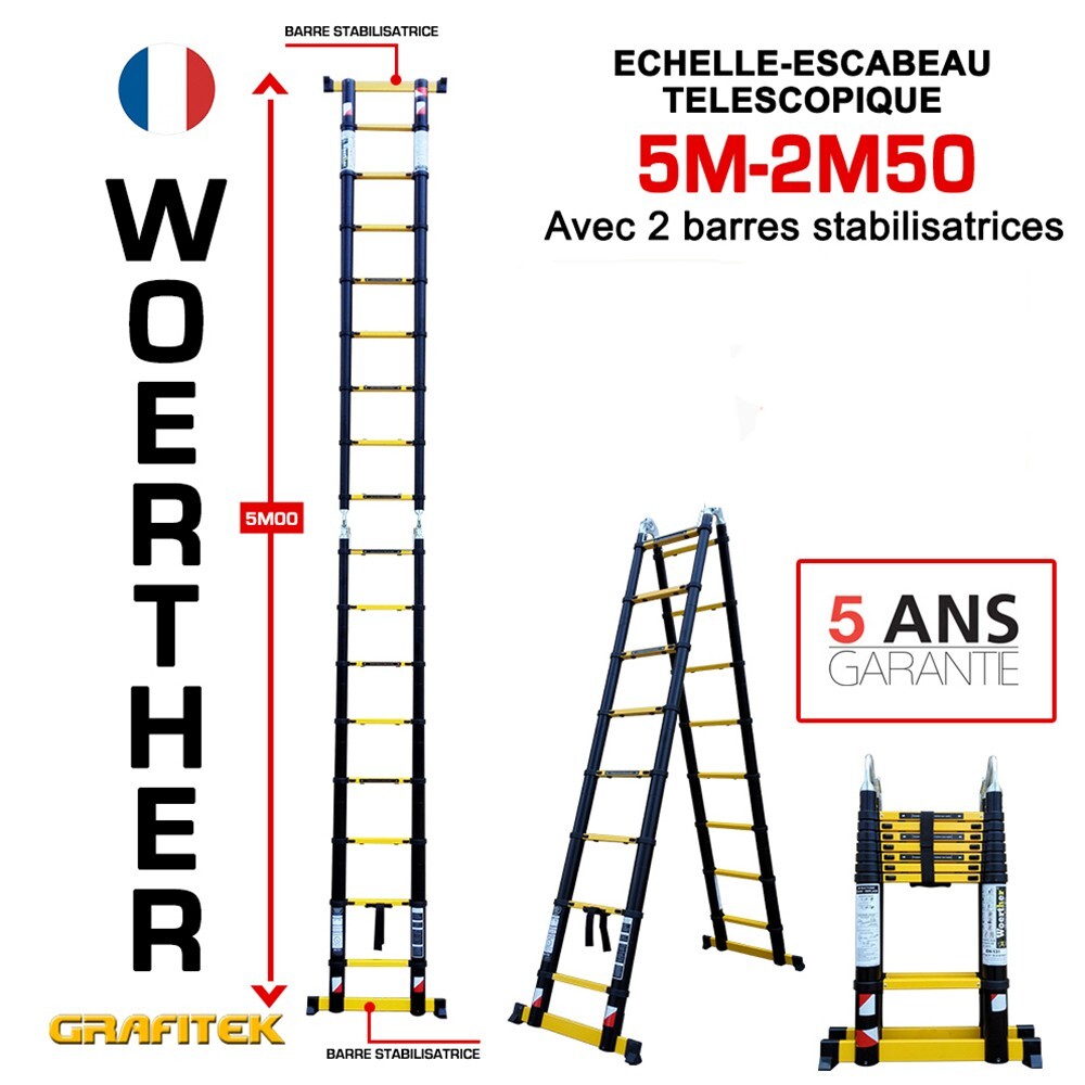Échelle télescopique 5m et escabeau 2m50 en aluminium pliable avec sécurité