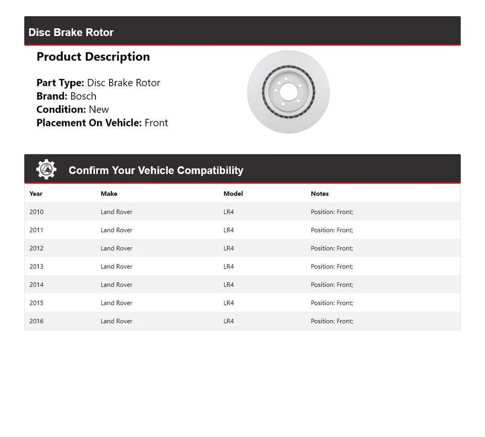 For 2010-2016 Land Rover LR4 Bosch QuietCast Disc Brake Rotor Front 2011 2012 - Image 2 of 4