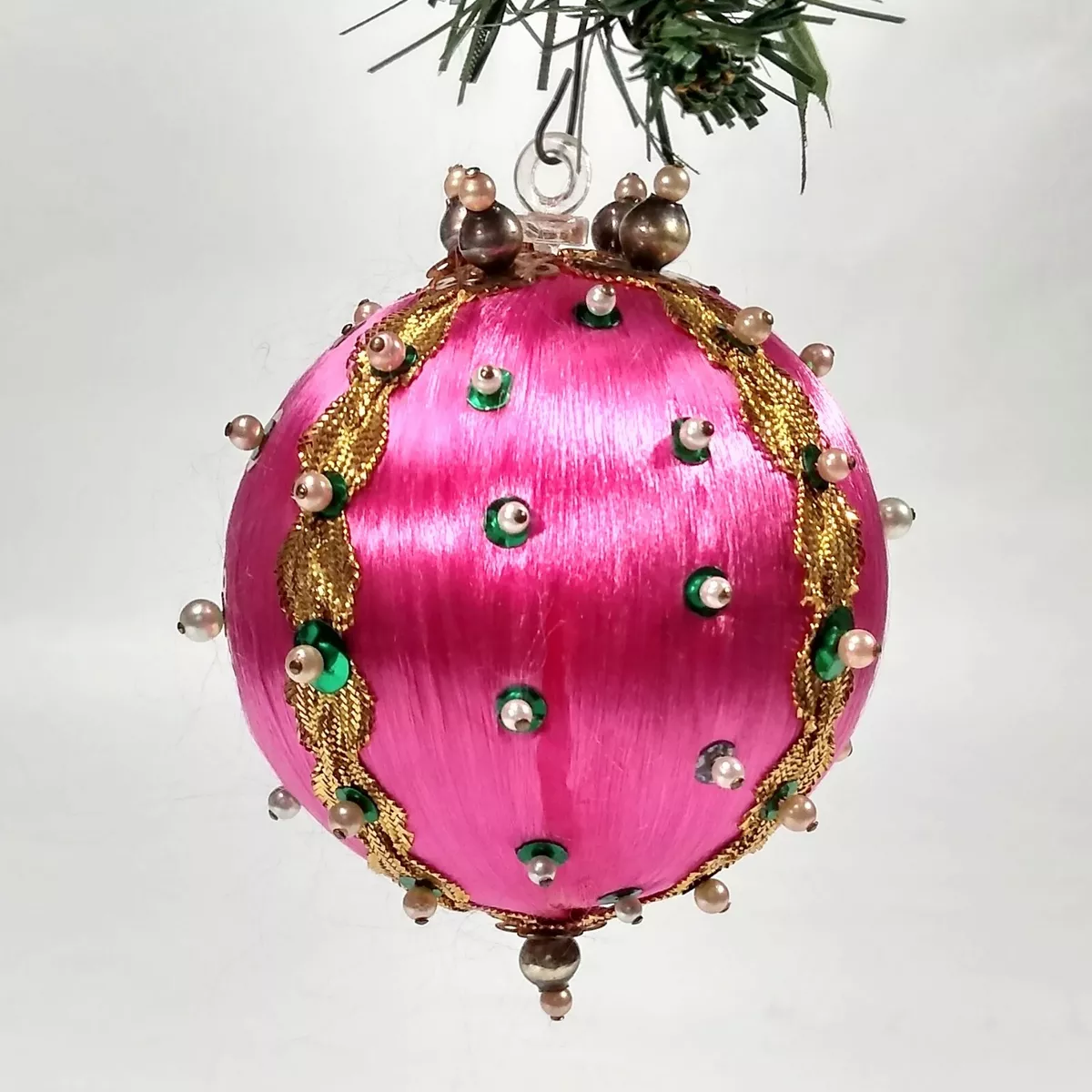 Vintage Satin Ball Beaded Push Pin Christmas Ornament Sequin