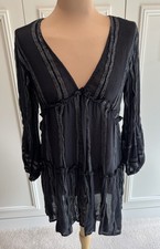 Blue Island Black Silver Metallic Stripe Babydoll Mini Dress Size Small Tiered