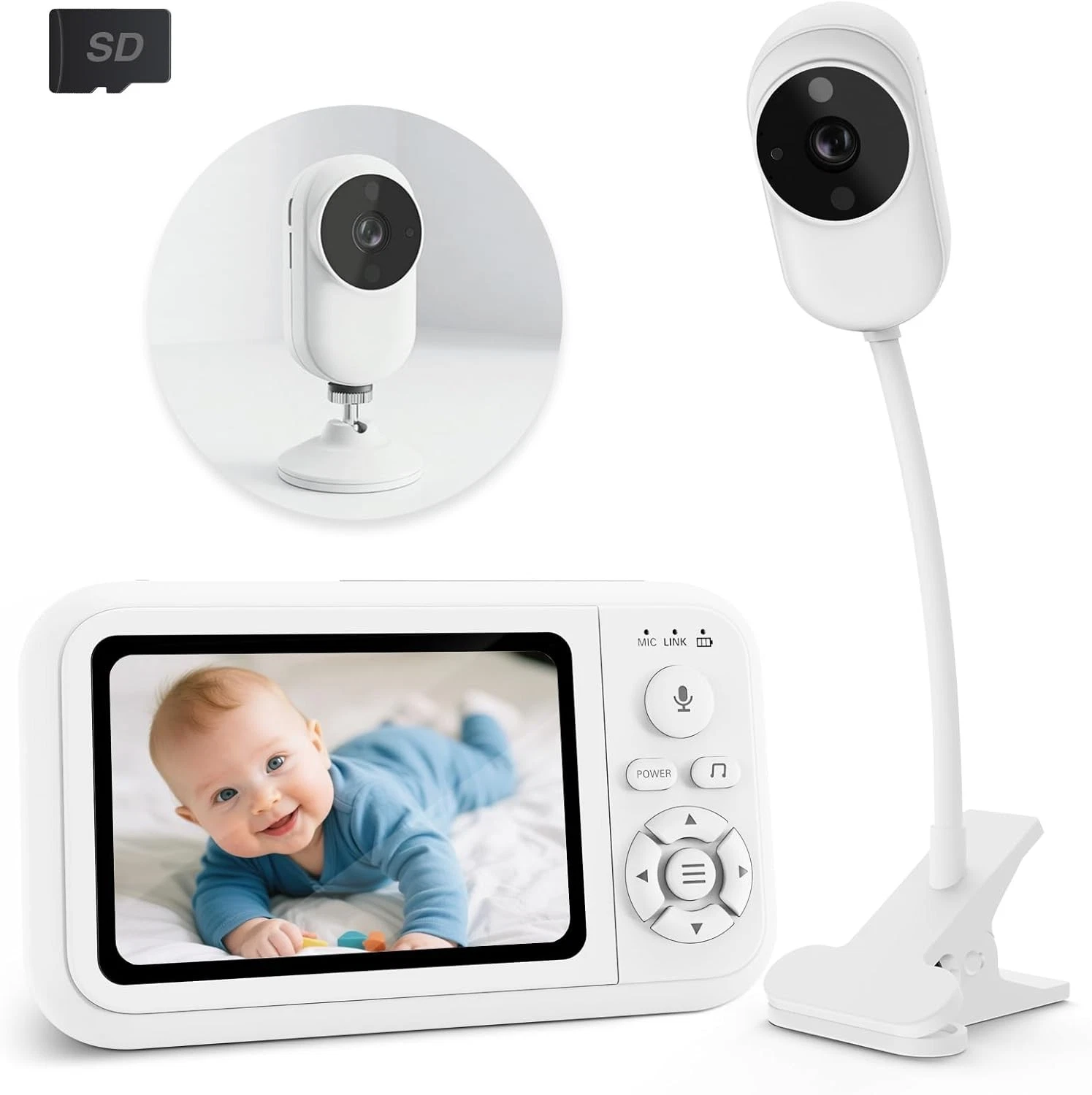 NUOTUN Baby Monitor with Camera 1080P Night Vision 2-Way Audio Cot Clip Cry &