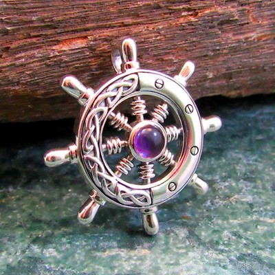 Massiver 925 Sterling Silber keltischer Schiff Rad Helm Maritim Anhänger mit Edelstein