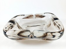 Vintage Anchor Hocking Clear Gray/Brown Curved Art Glass Ashtray "Swedish Modern